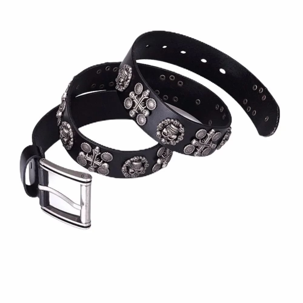 Black Genuine Leather Studded Brush Nickel Skulls Biker Moto Belt NEW